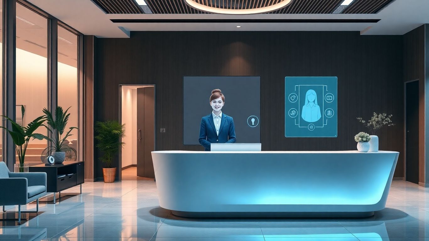 Virtual receptionist avatar on holographic display at modern desk.