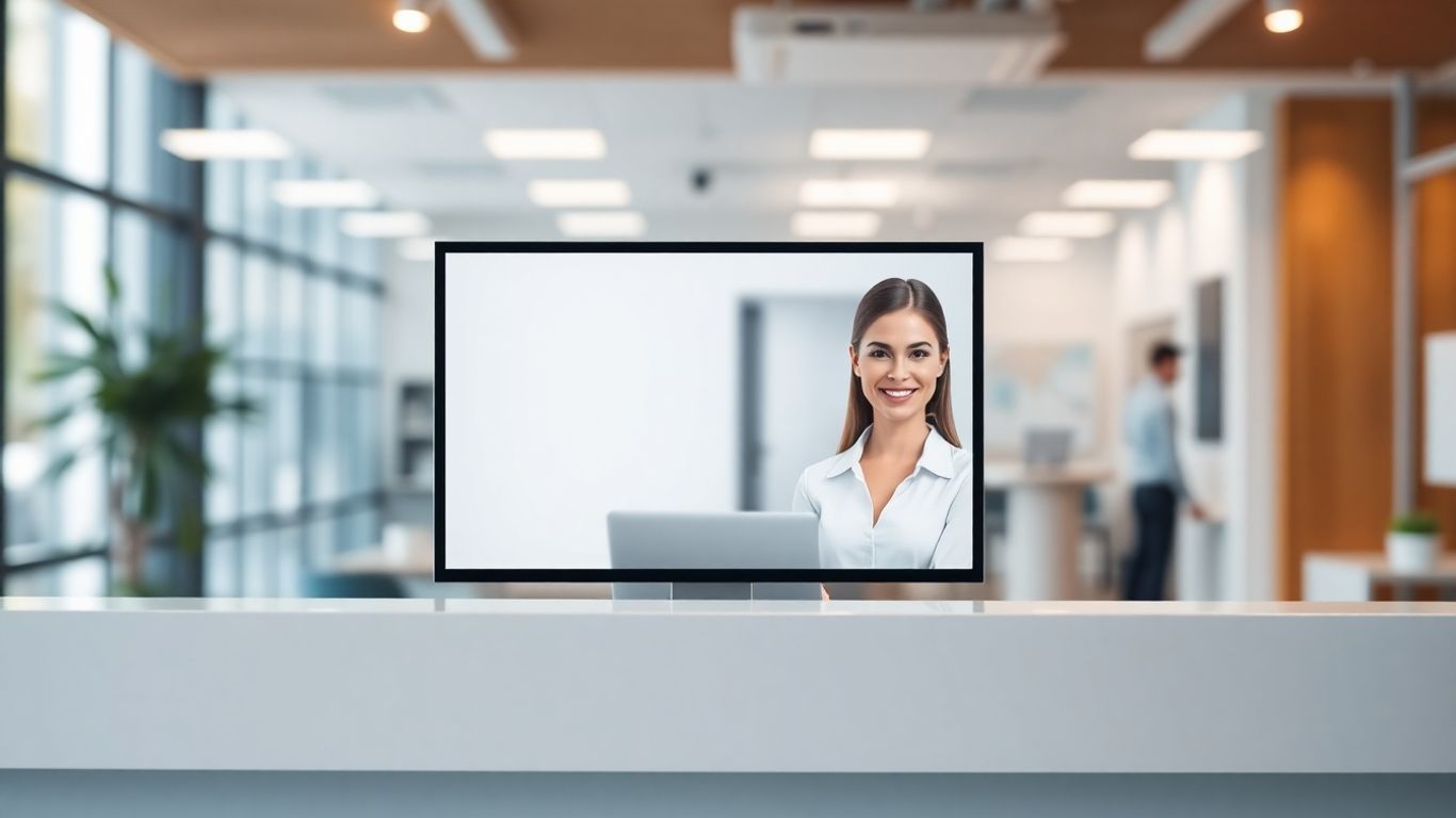 Virtual receptionist avatar on a screen.