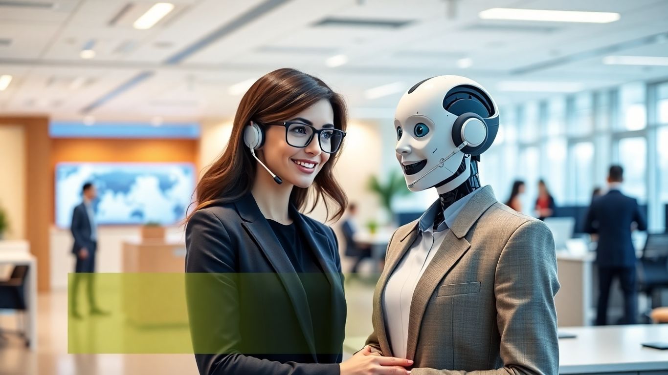 AI receptionist avatar assisting a caller in an office.