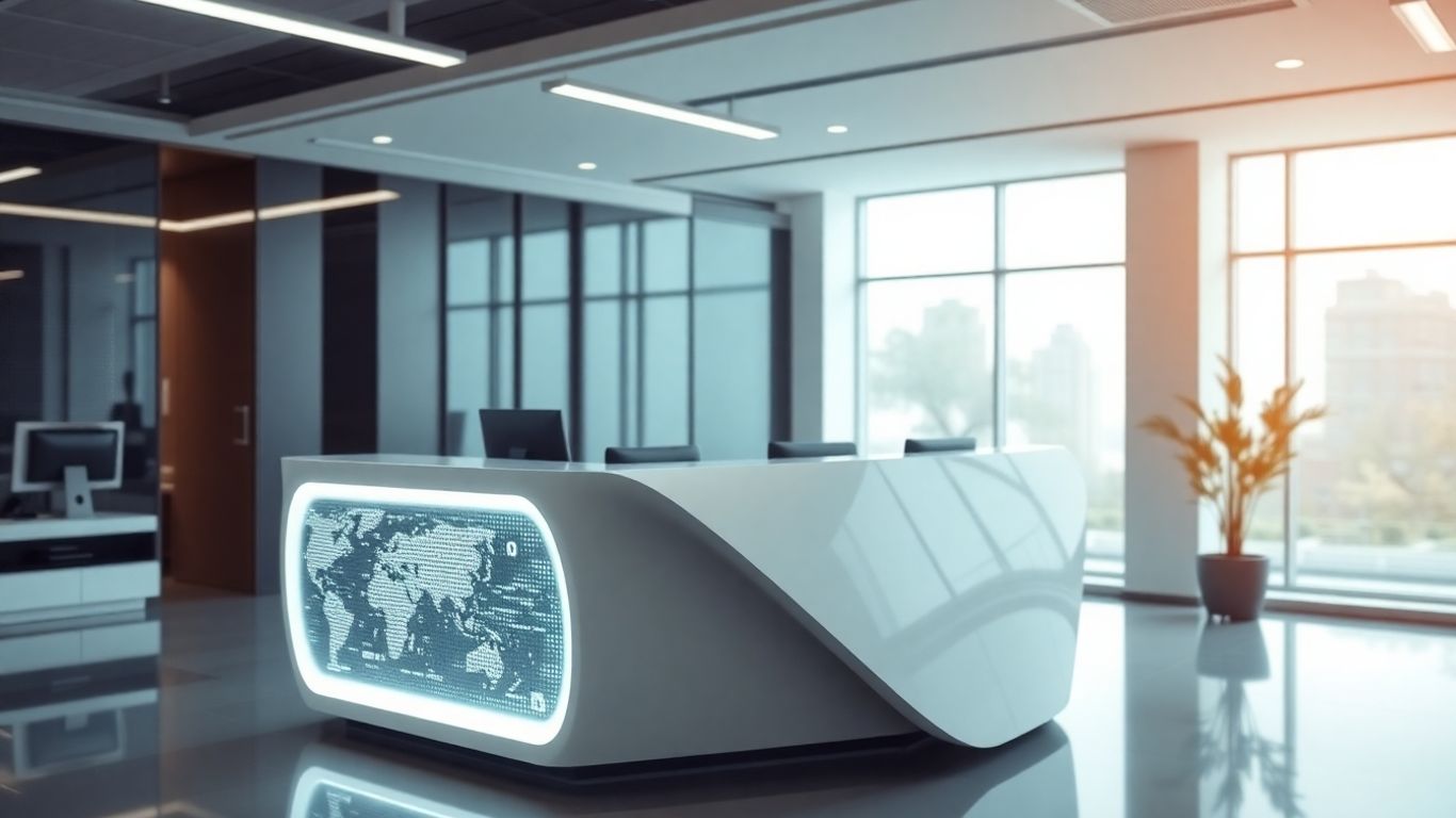 AI receptionist desk with glowing digital interface