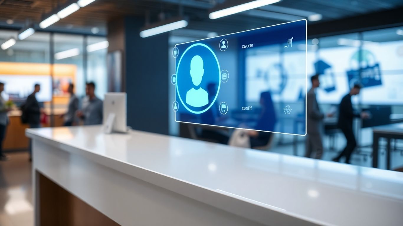 AI receptionist interface at a modern office desk.