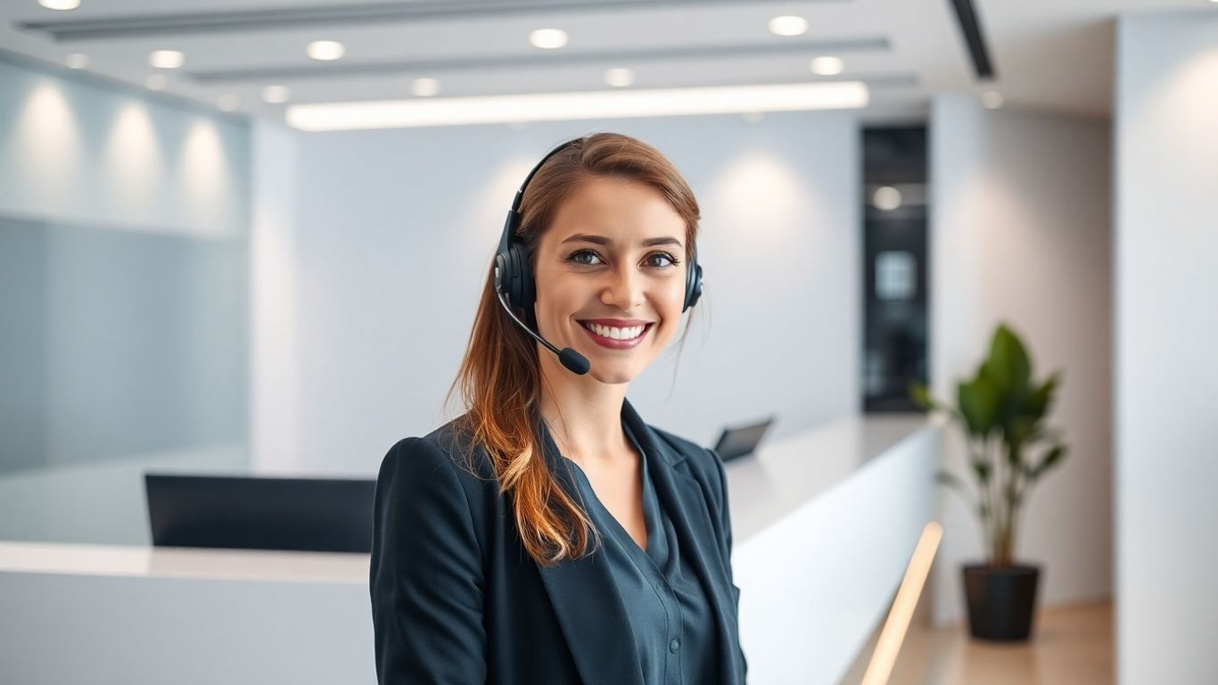 Professional woman with headset at modern reception desk.