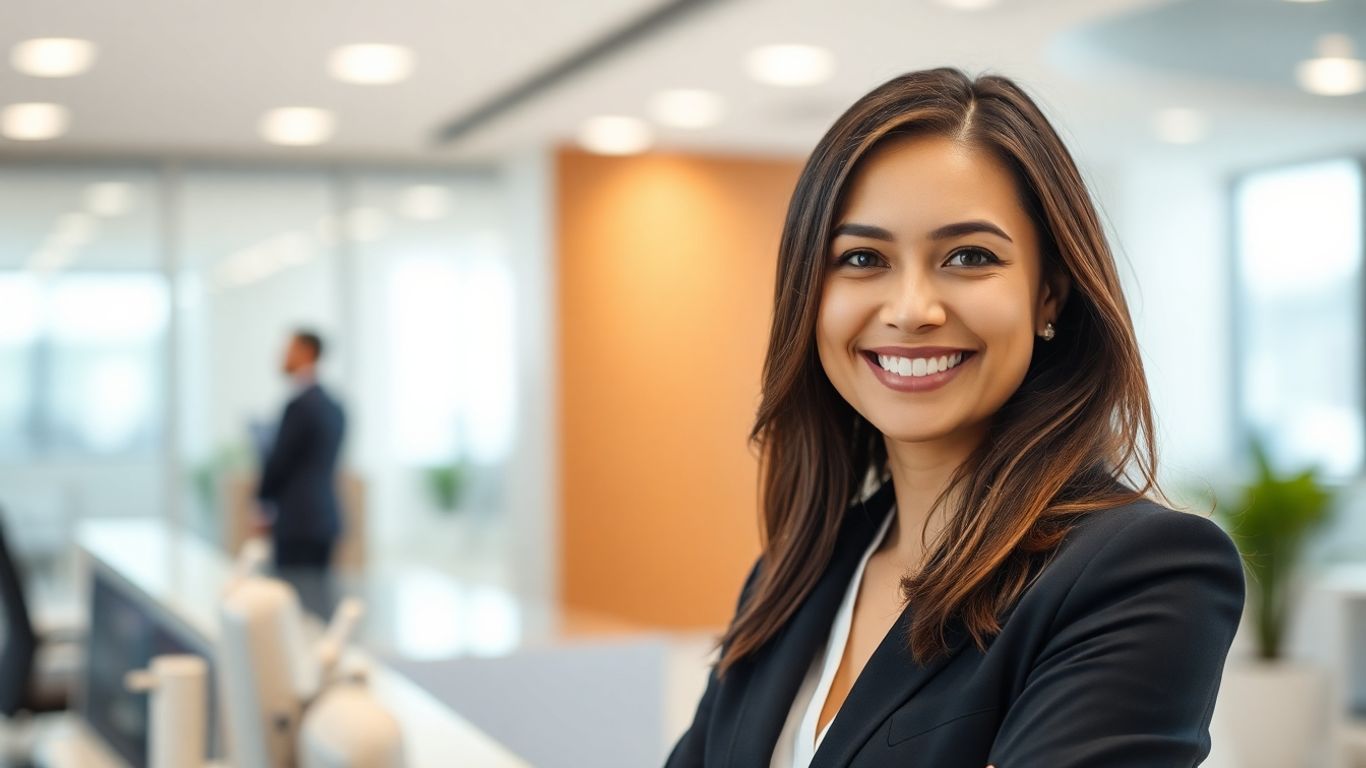 Professional receptionist in a modern office setting.