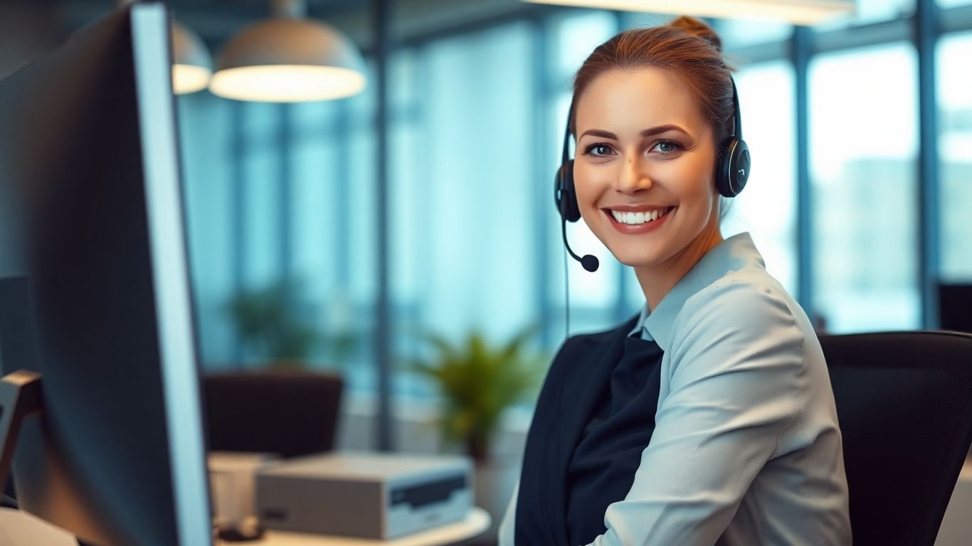 Professional woman with headset in modern office