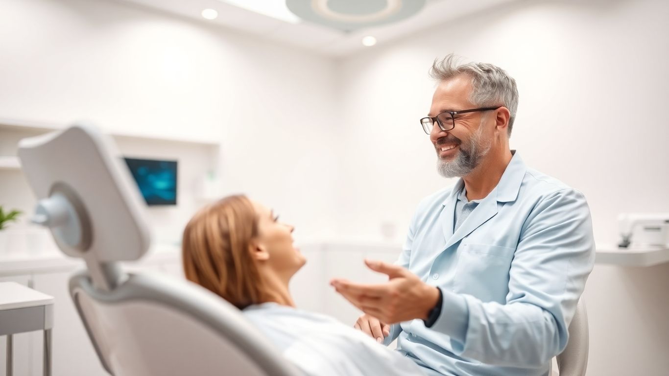 Dentist and patient in a modern clinic with AI technology.