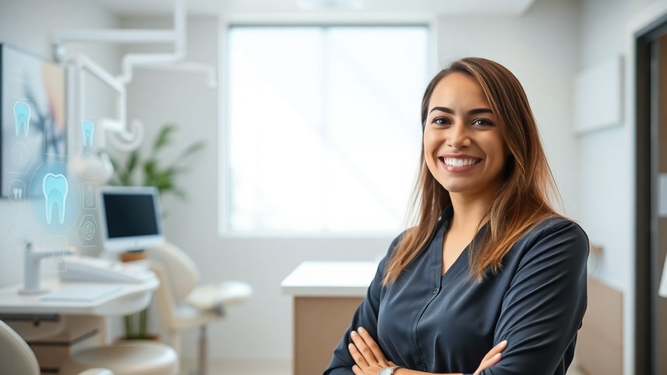 Dental office with AI technology assisting receptionist.