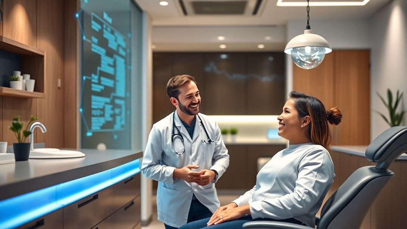 Dental professional and patient in modern office with subtle AI elements.