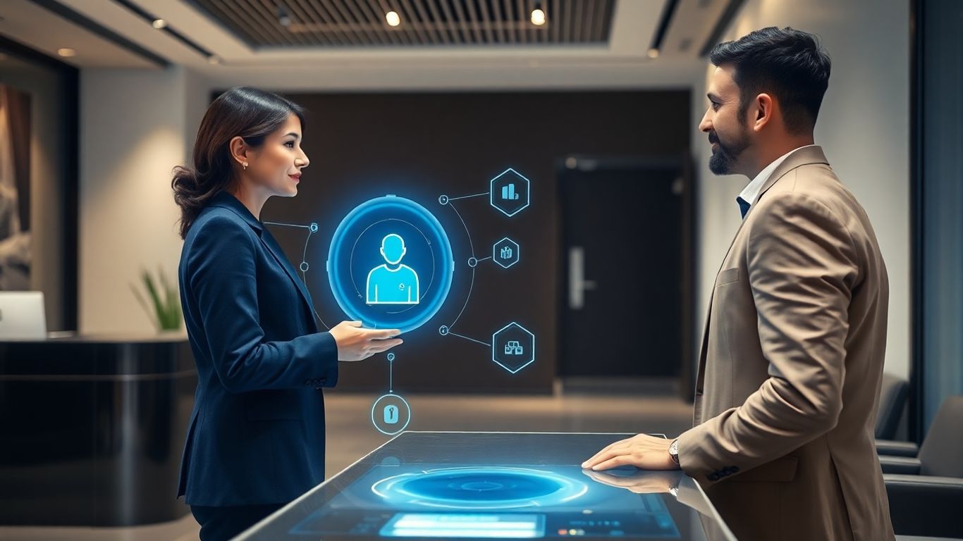 AI assistant interacting with client in modern office