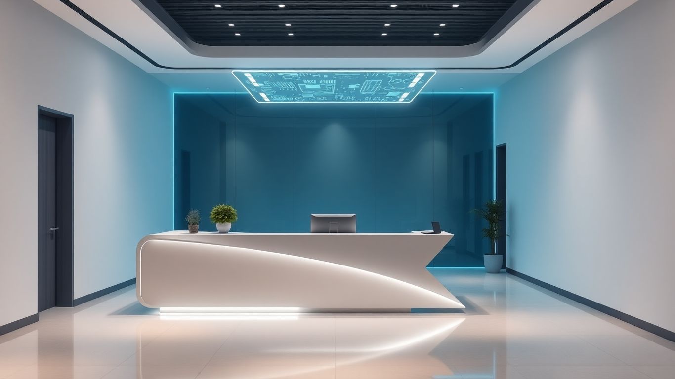 AI receptionist interface at a modern office desk.