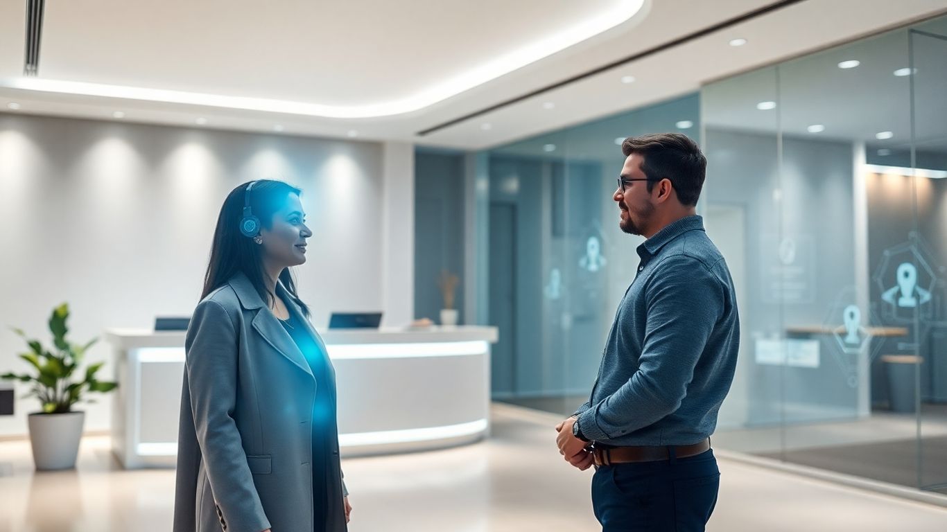 AI assistant helping client in modern office reception.