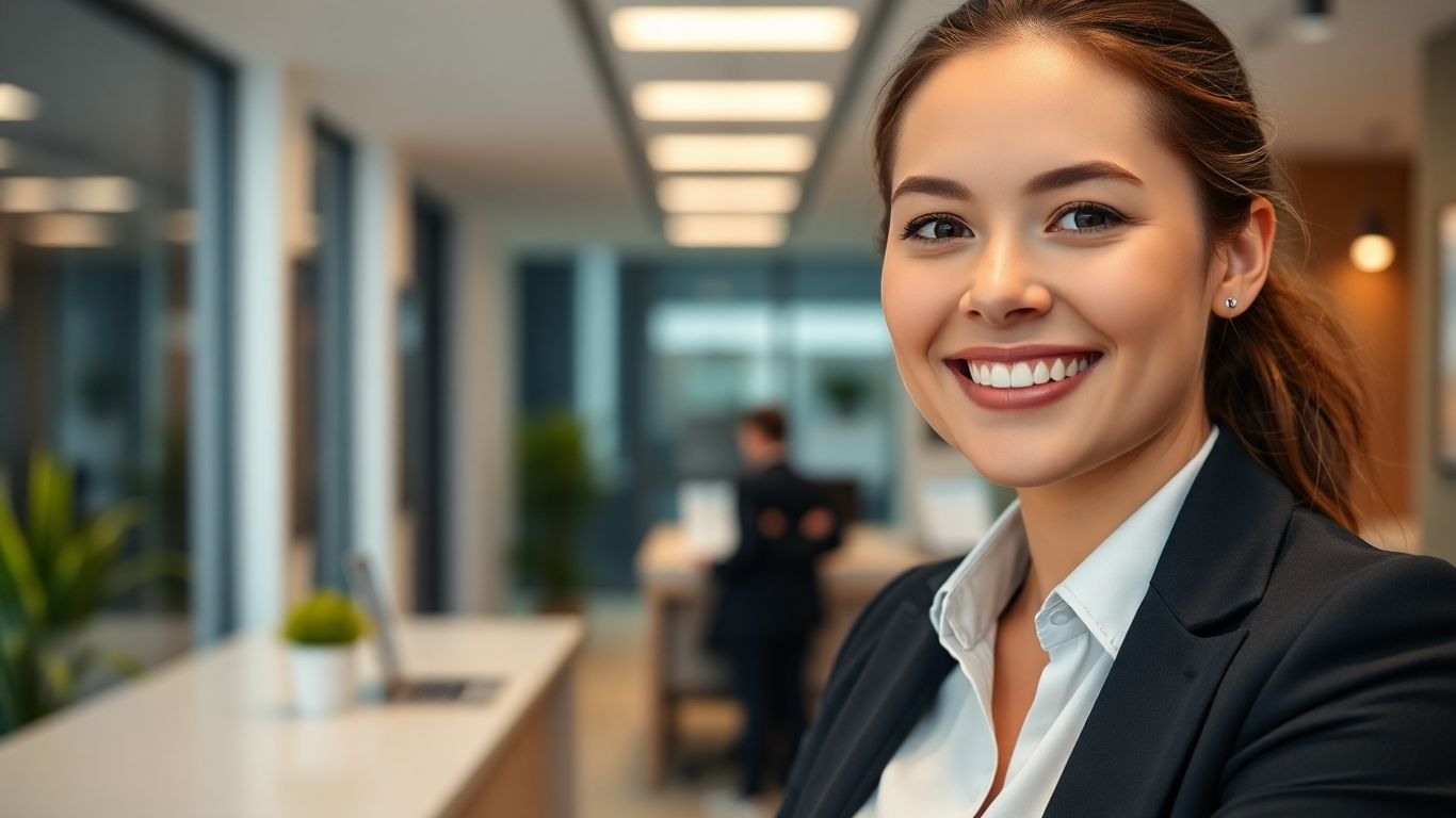 AI receptionist assisting a customer with a smile.