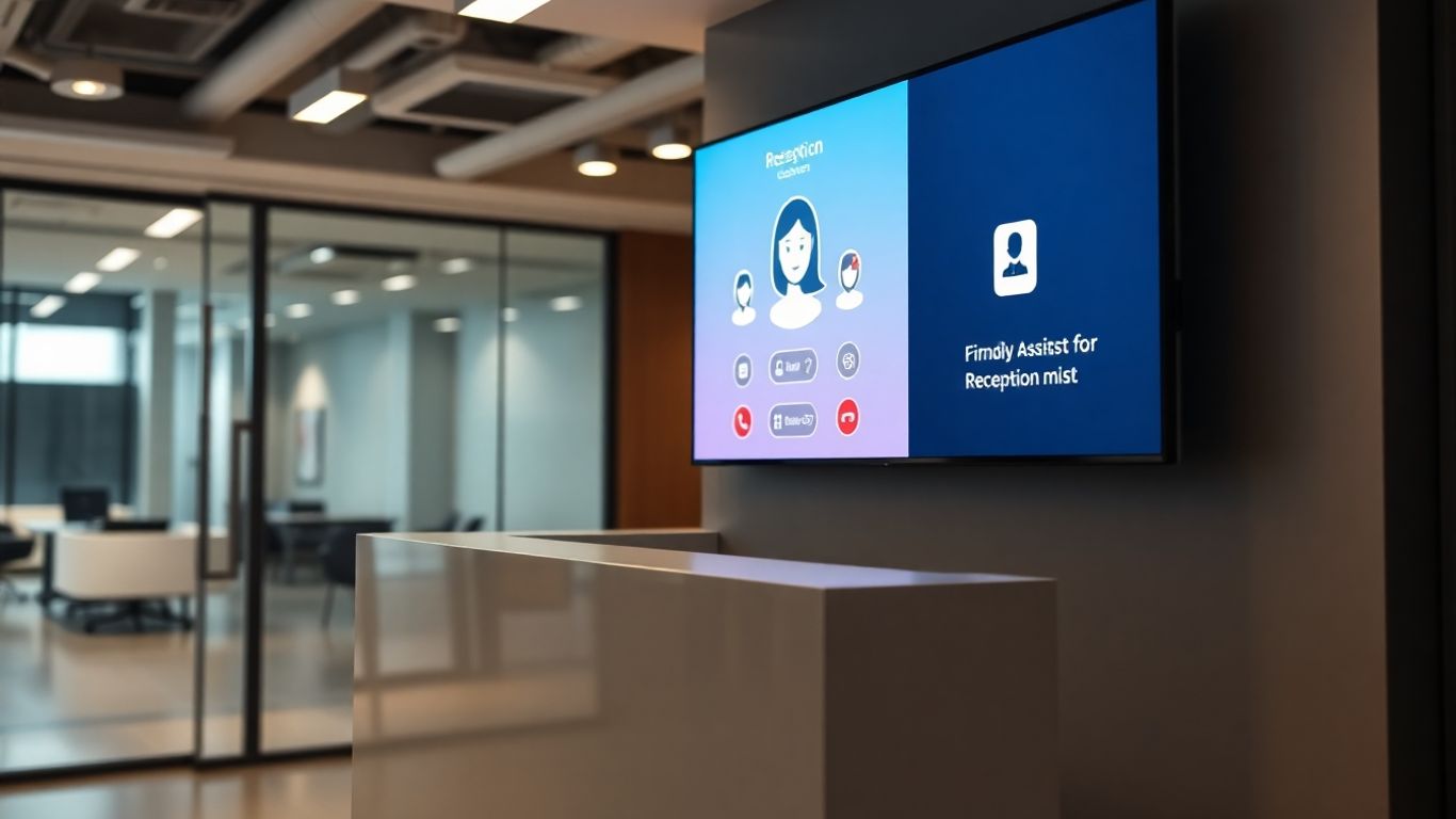 Virtual assistant interface on a reception screen.