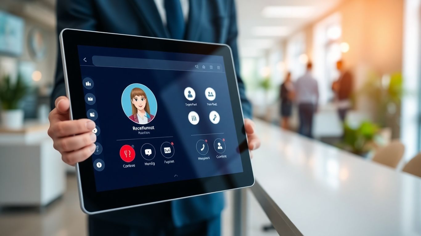 AI receptionist interface on a tablet