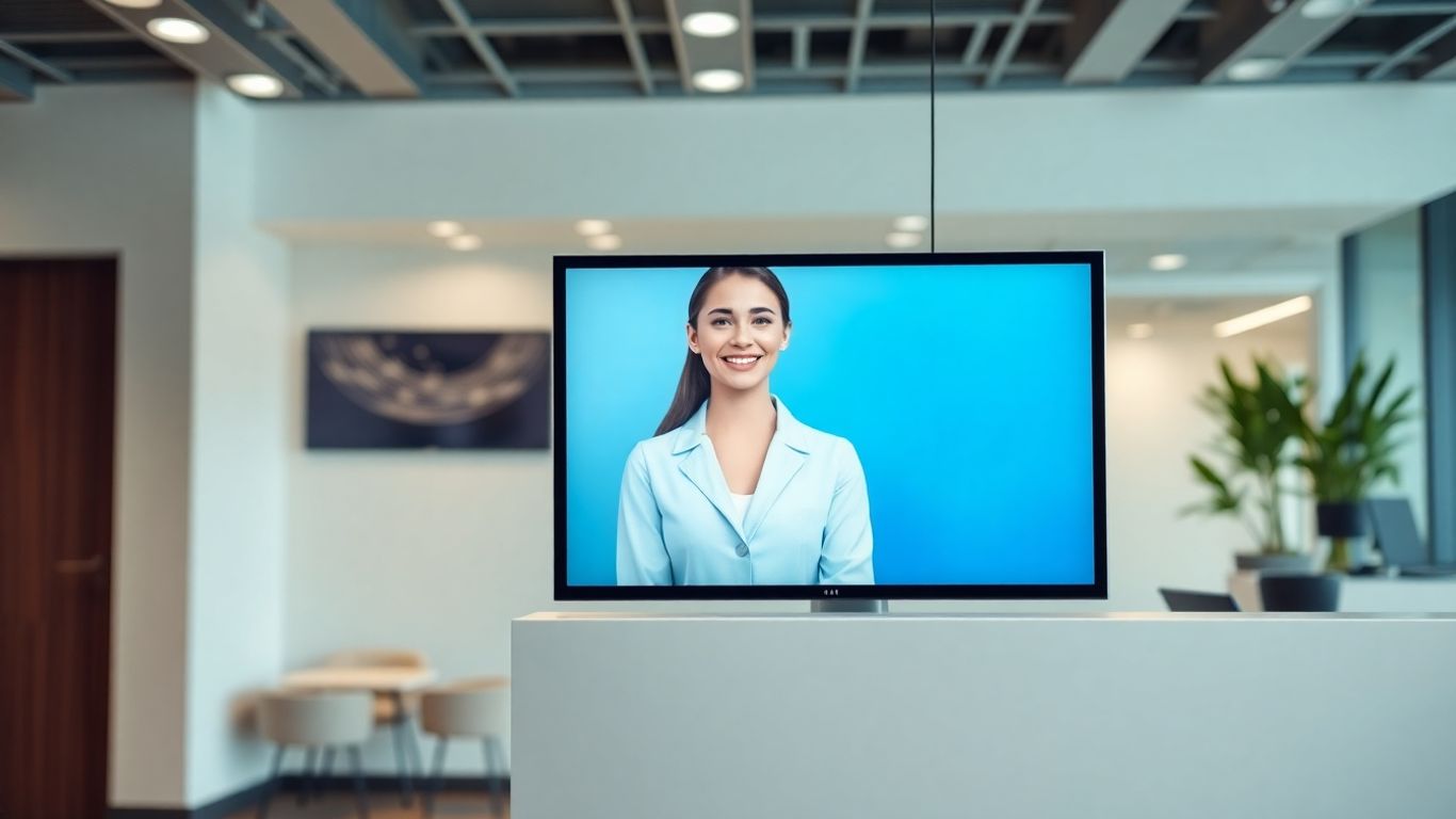 AI receptionist avatar in a modern office reception area.