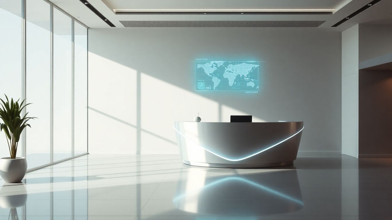 AI receptionist interface at a modern office desk.