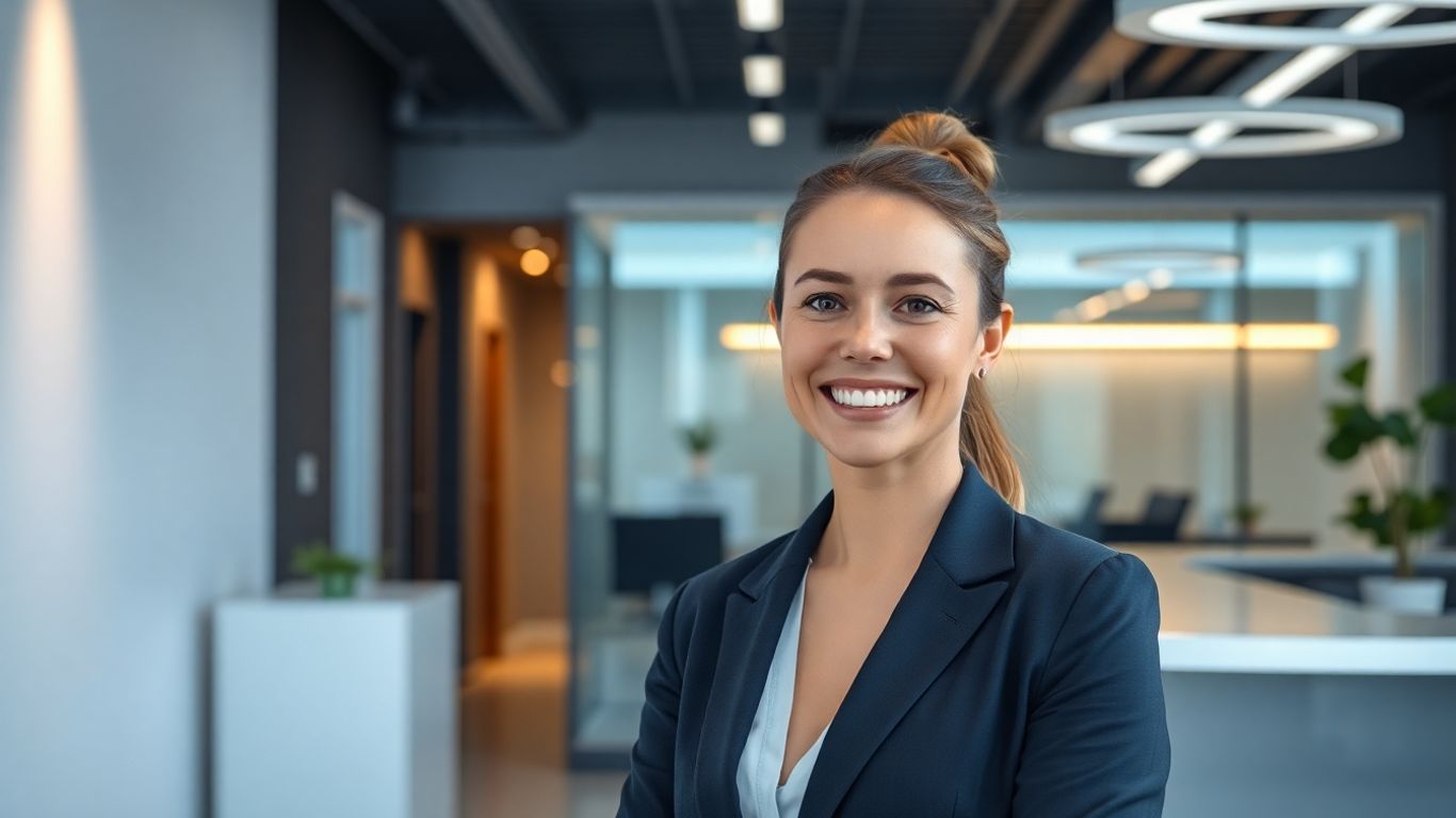 AI receptionist assisting a client with a smile.