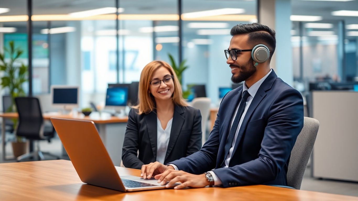 AI receptionist assisting a client with a smile.