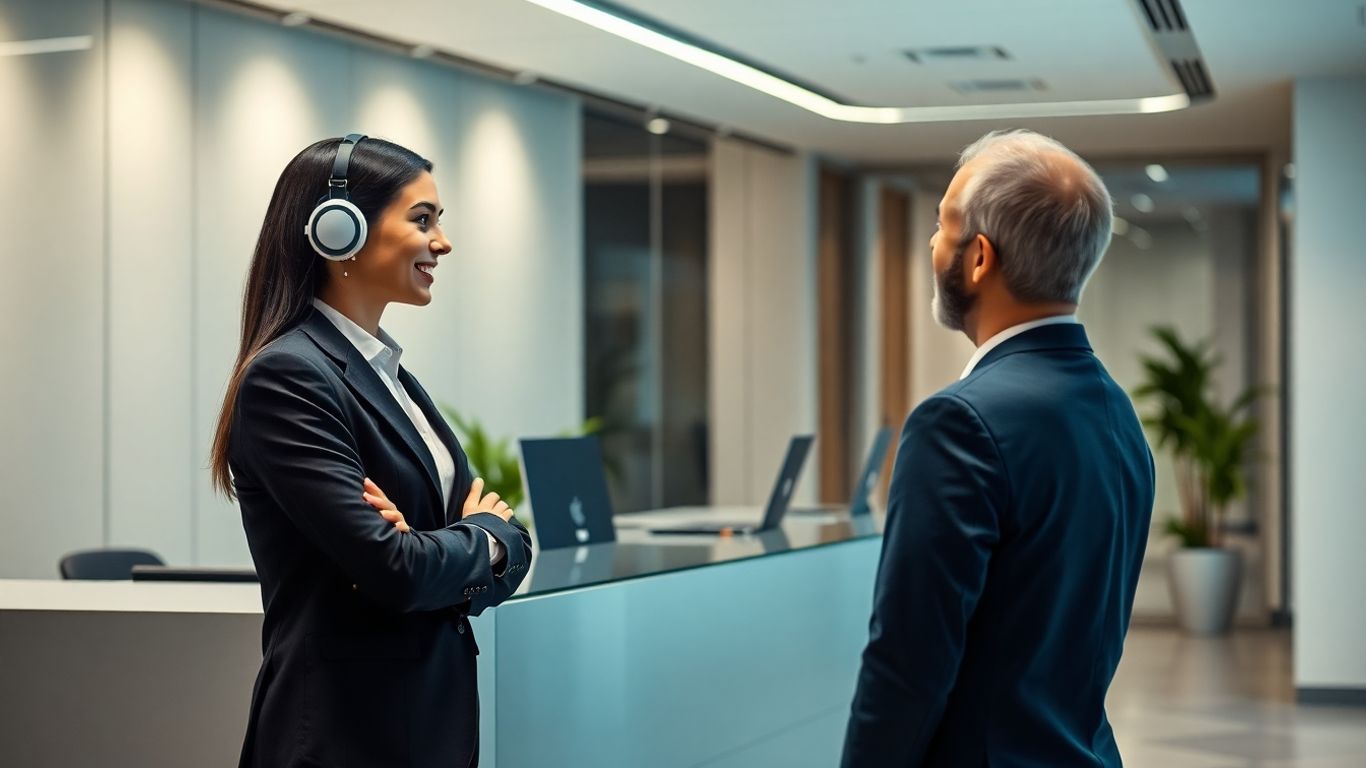 AI receptionist assisting a client in a modern office.