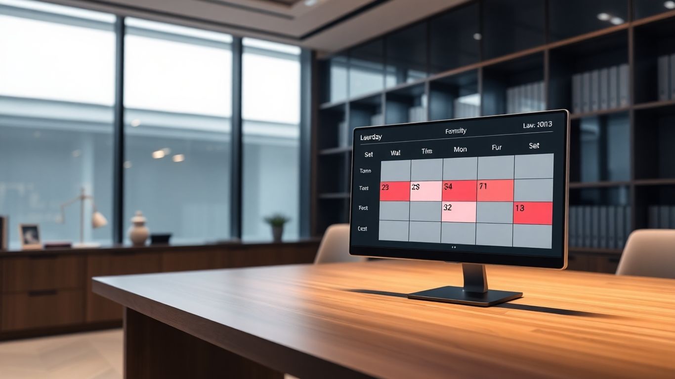 Lawyer's desk with active time blocks on a digital display.