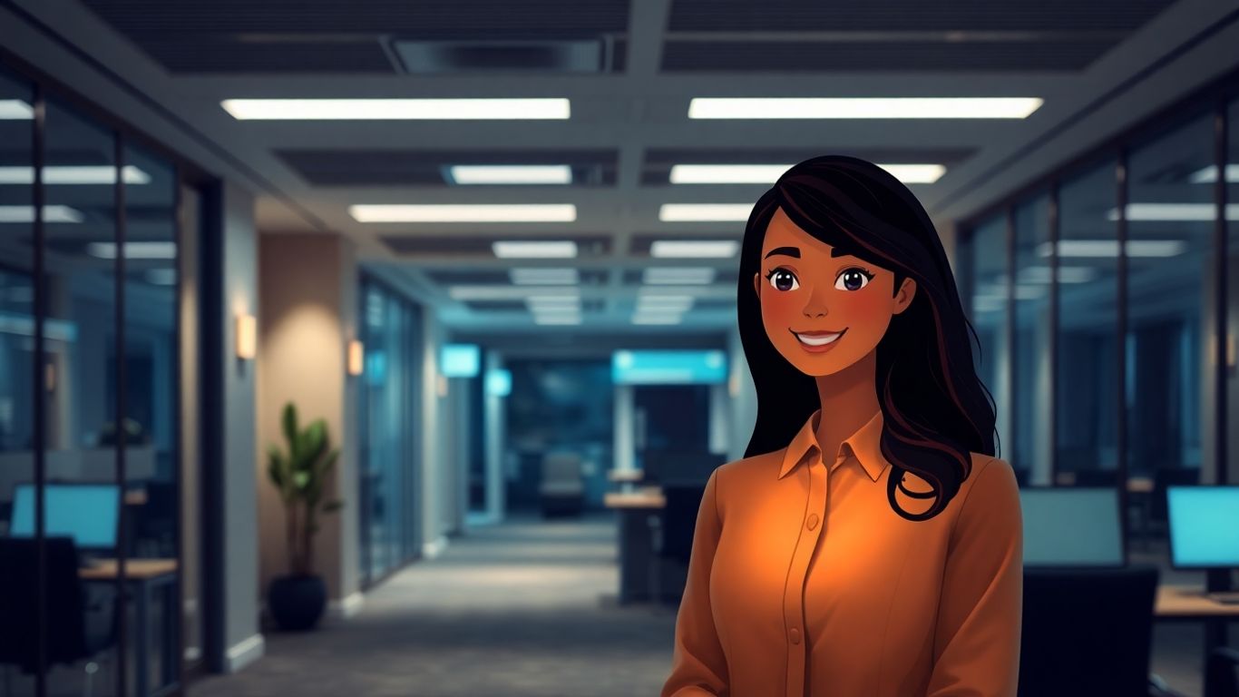 Virtual receptionist avatar in a modern office setting.