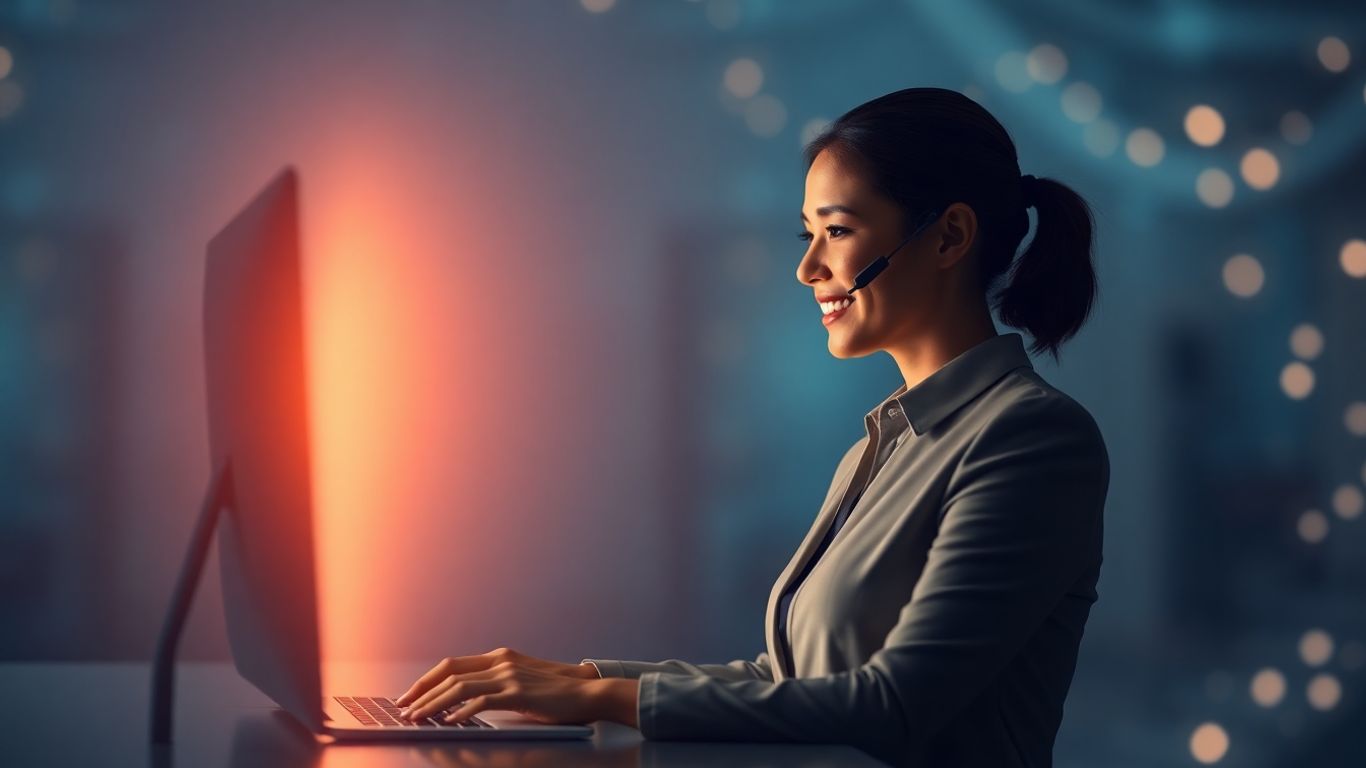 Virtual receptionist interacting with digital interface, 24/7 service.