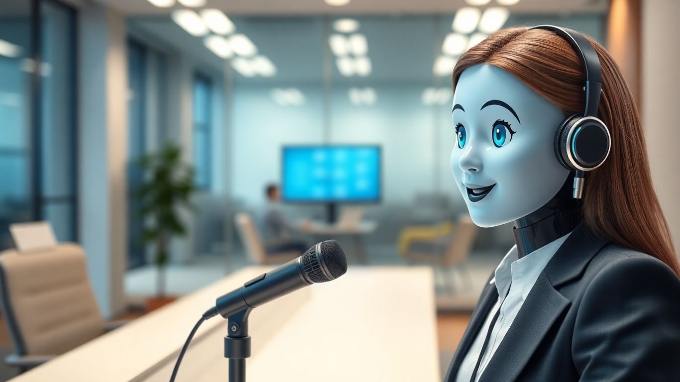 AI avatar speaking into a microphone in an office.