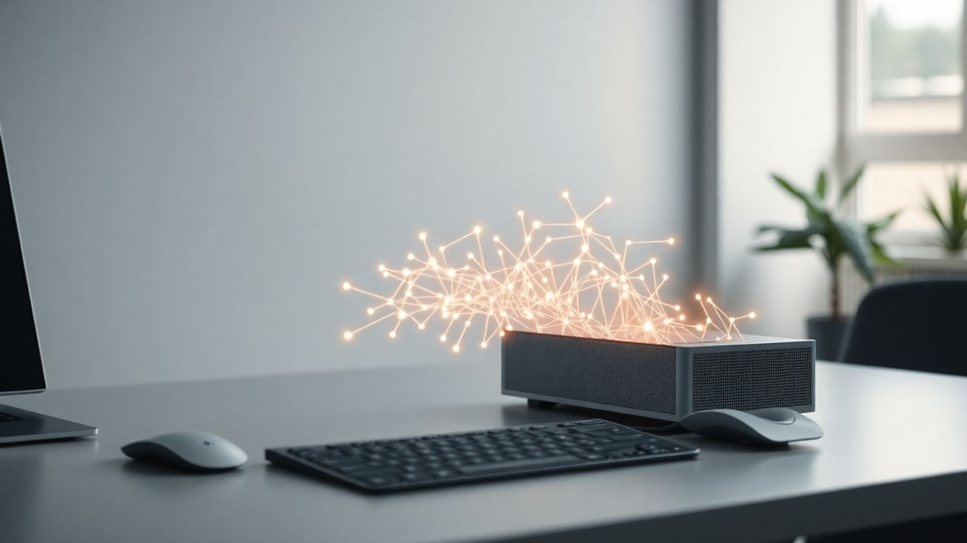 Abstract neural network glowing on a modern desk.