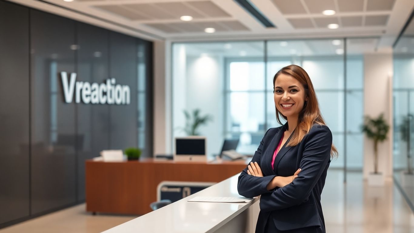 Professional receptionist in a modern office setting.