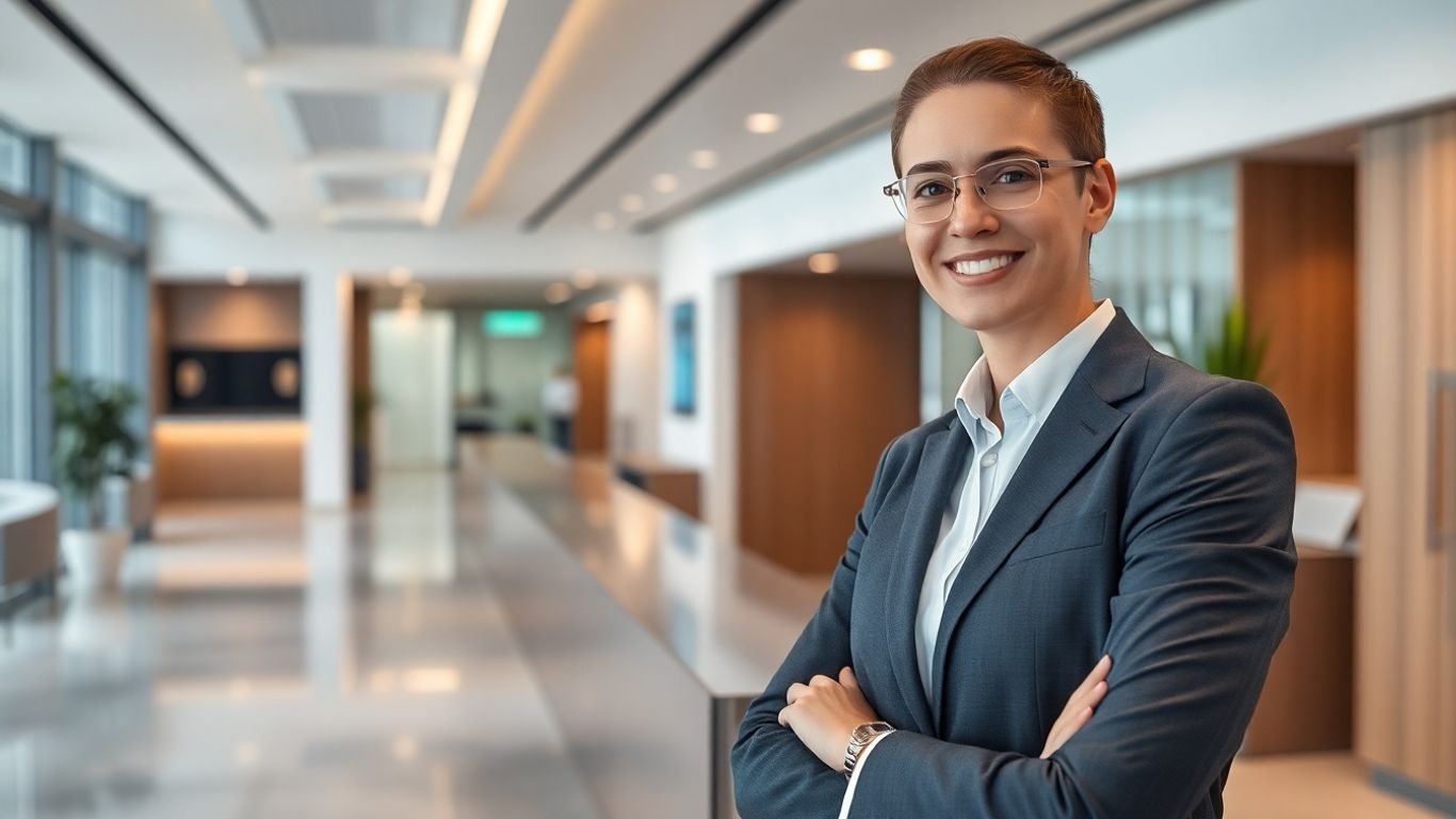 Modern AI receptionist in a professional office setting.
