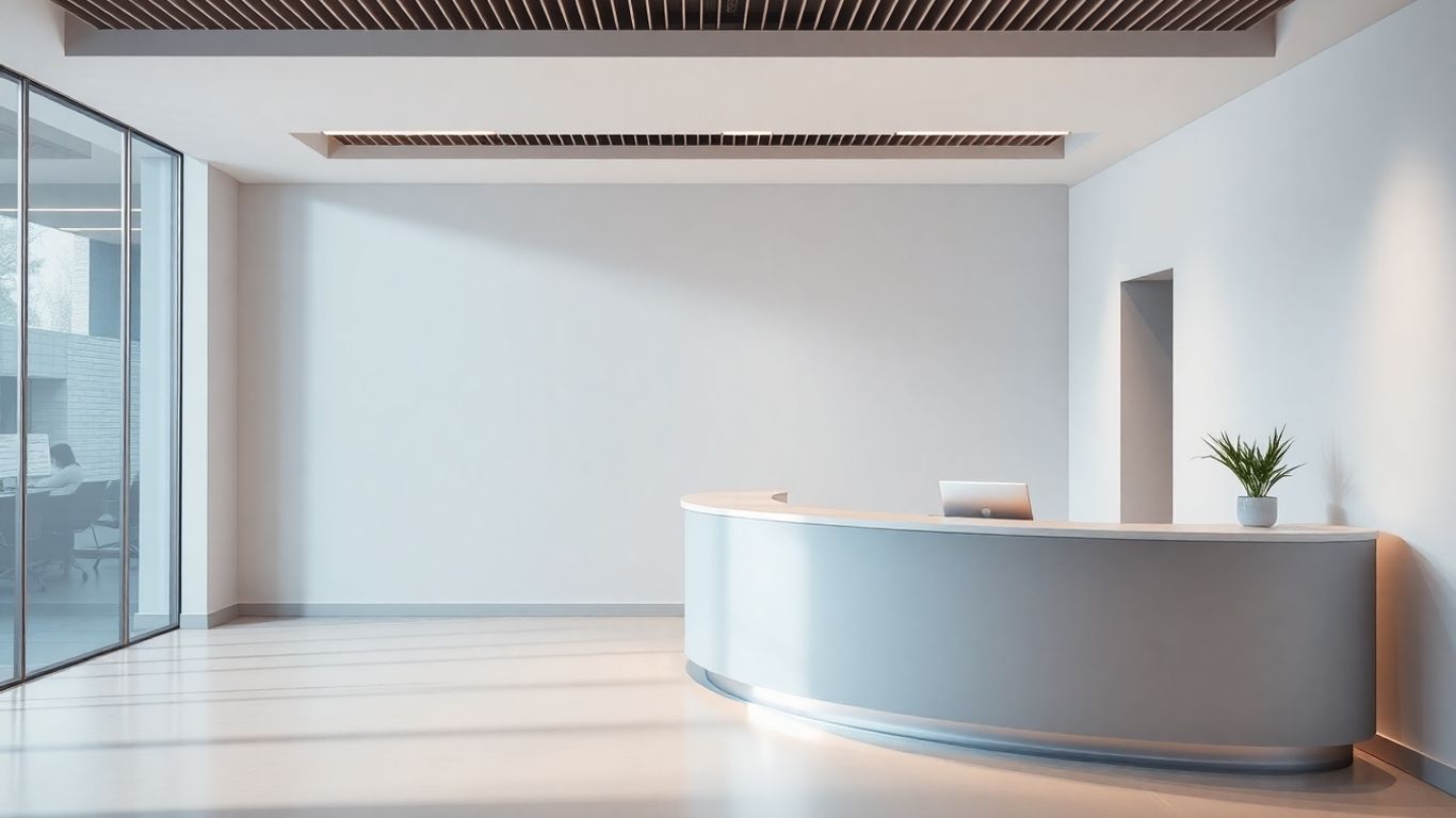 Modern reception desk with abstract digital interface.