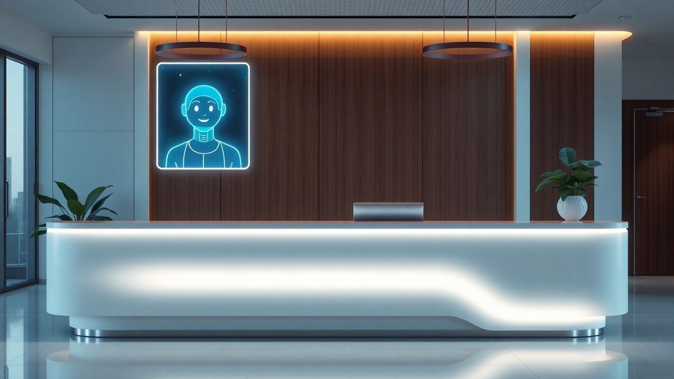 AI receptionist interface at a modern office desk.