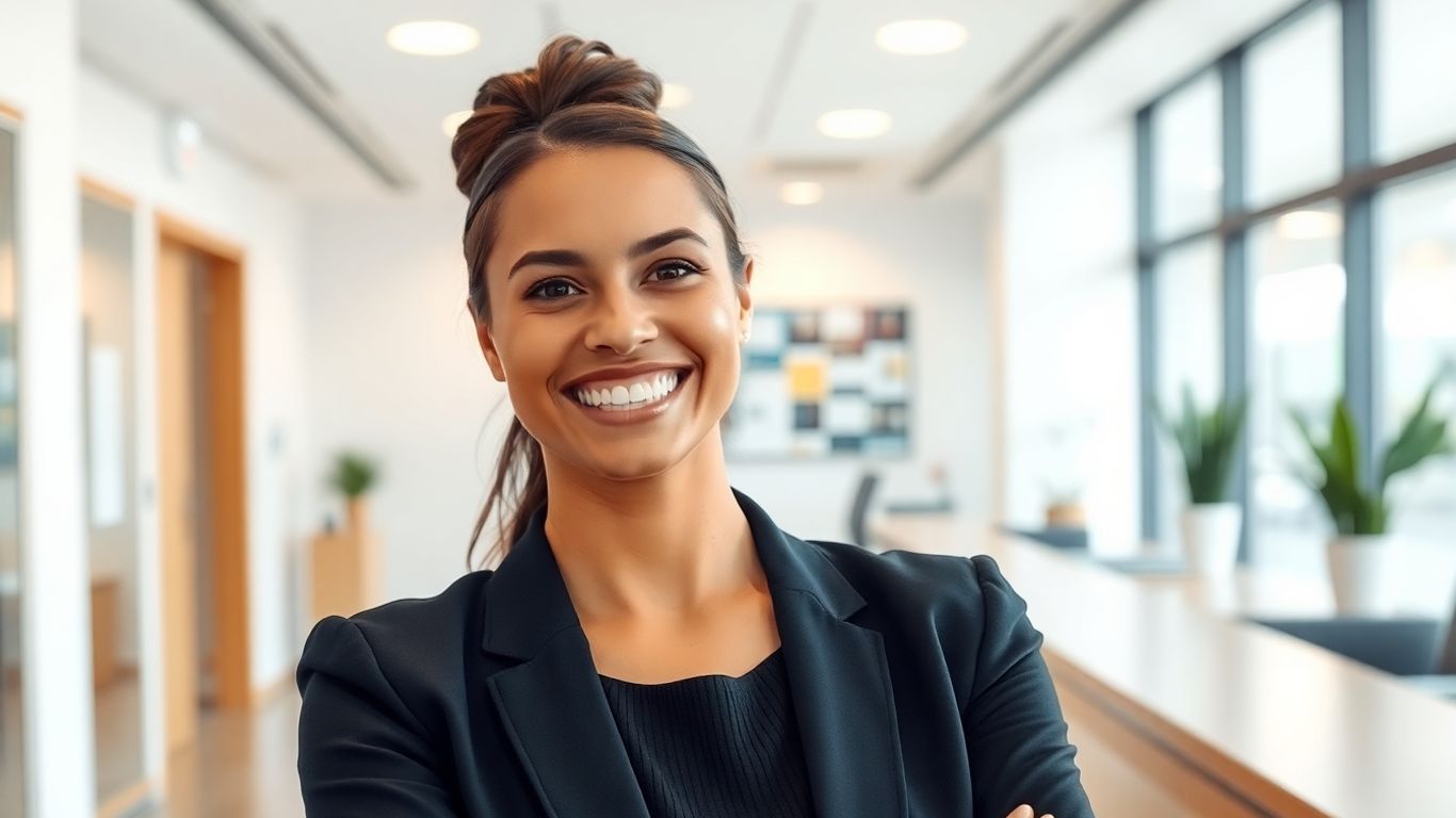 AI receptionist smiling in a modern office