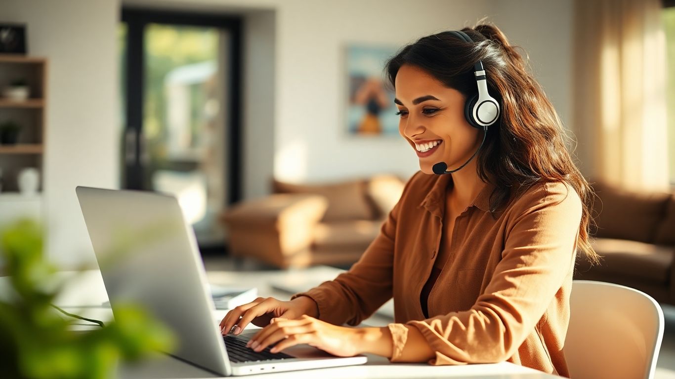 Virtual medical receptionist working from home on a laptop.