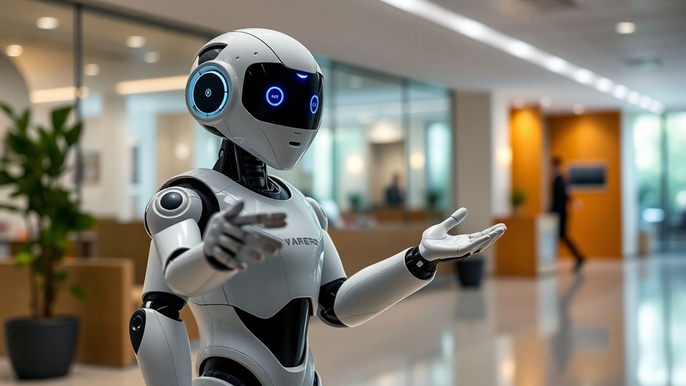 AI robot receptionist greeting a client in an office.