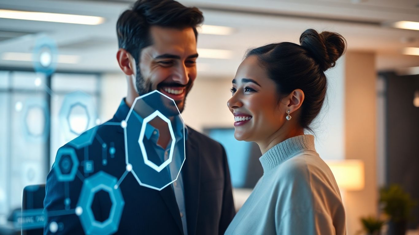 AI interface interacting with a person in an office.