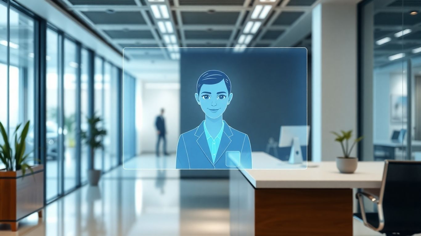 AI receptionist avatar on a holographic display.
