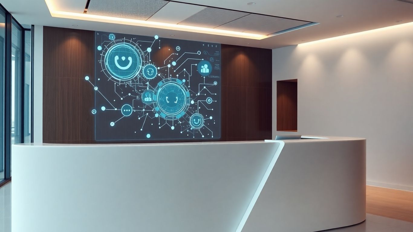 Futuristic AI receptionist interface glowing on a desk.