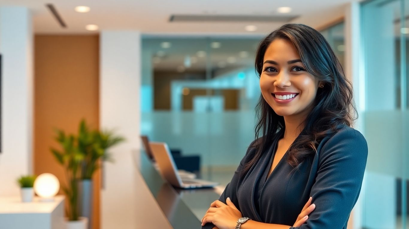 Friendly receptionist in a modern office.