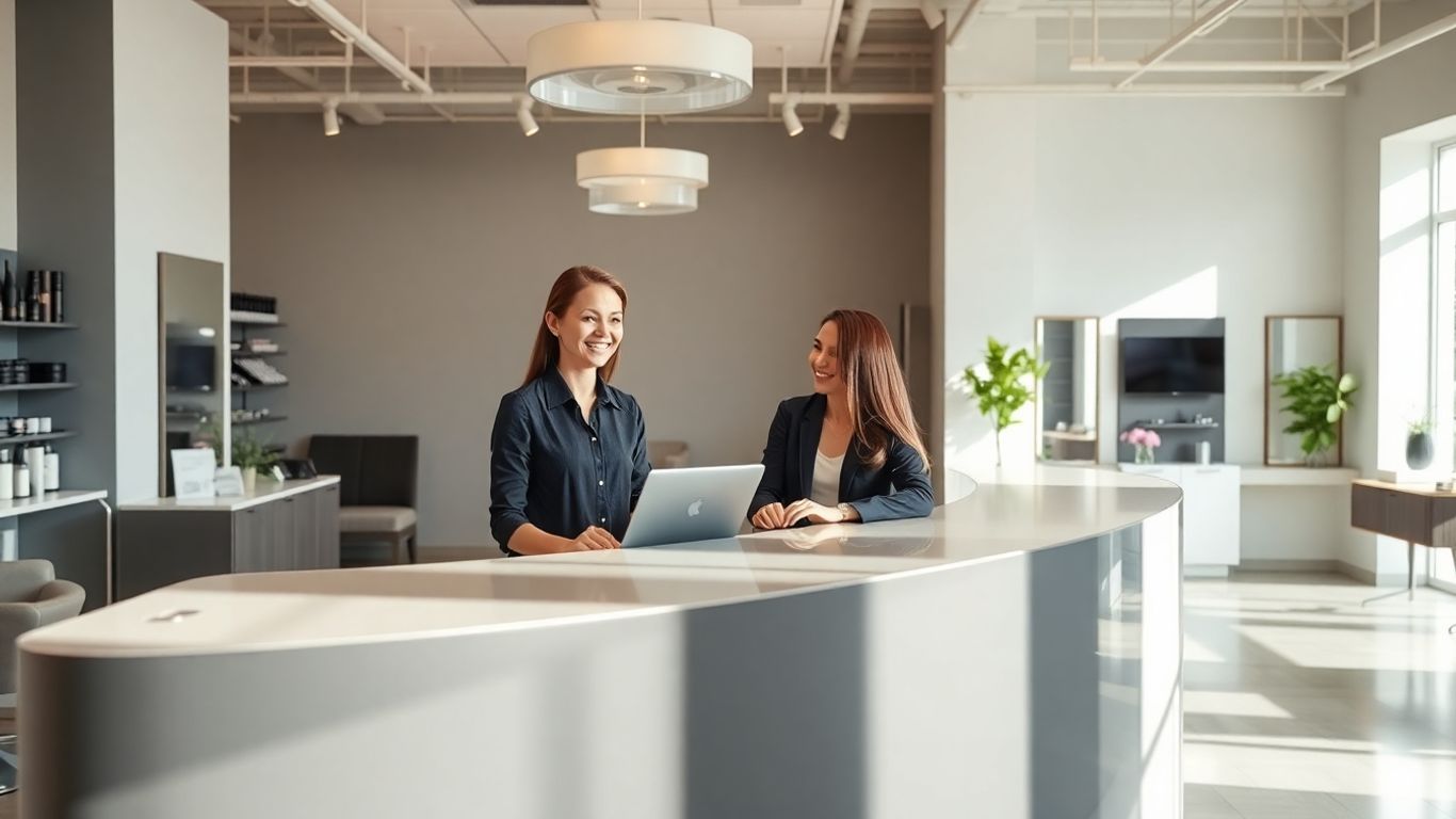 Salon receptionist assisting a client at a desk.