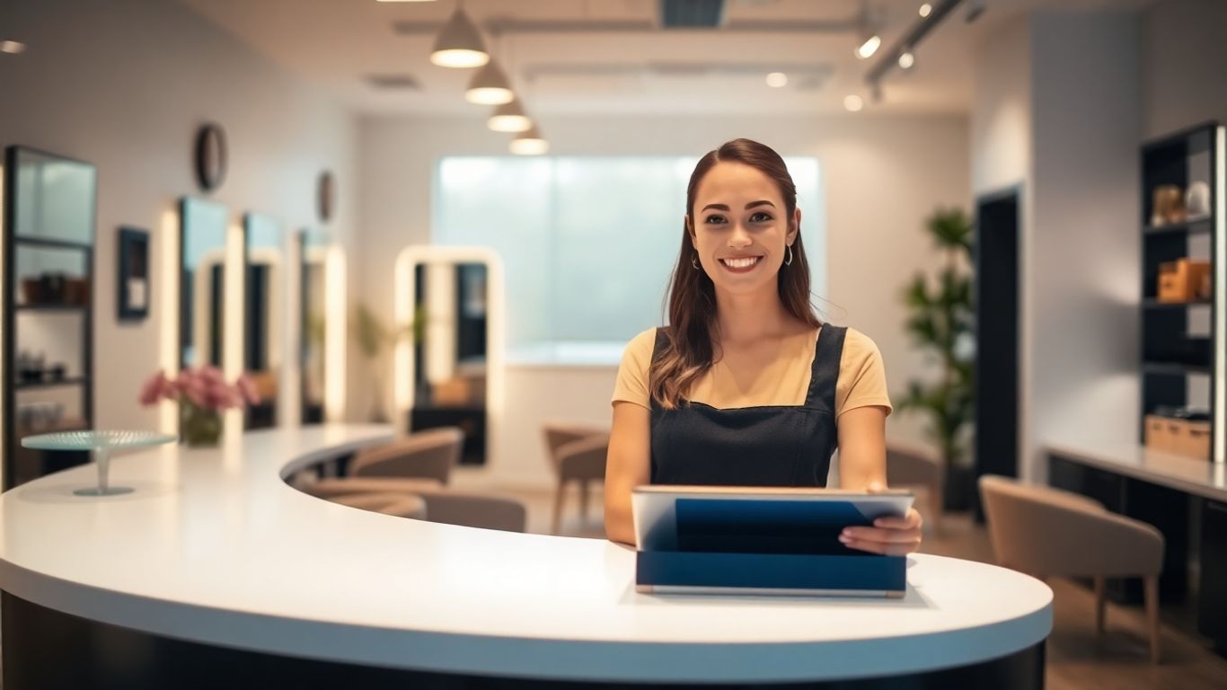 Salon receptionist using a tablet for bookings.