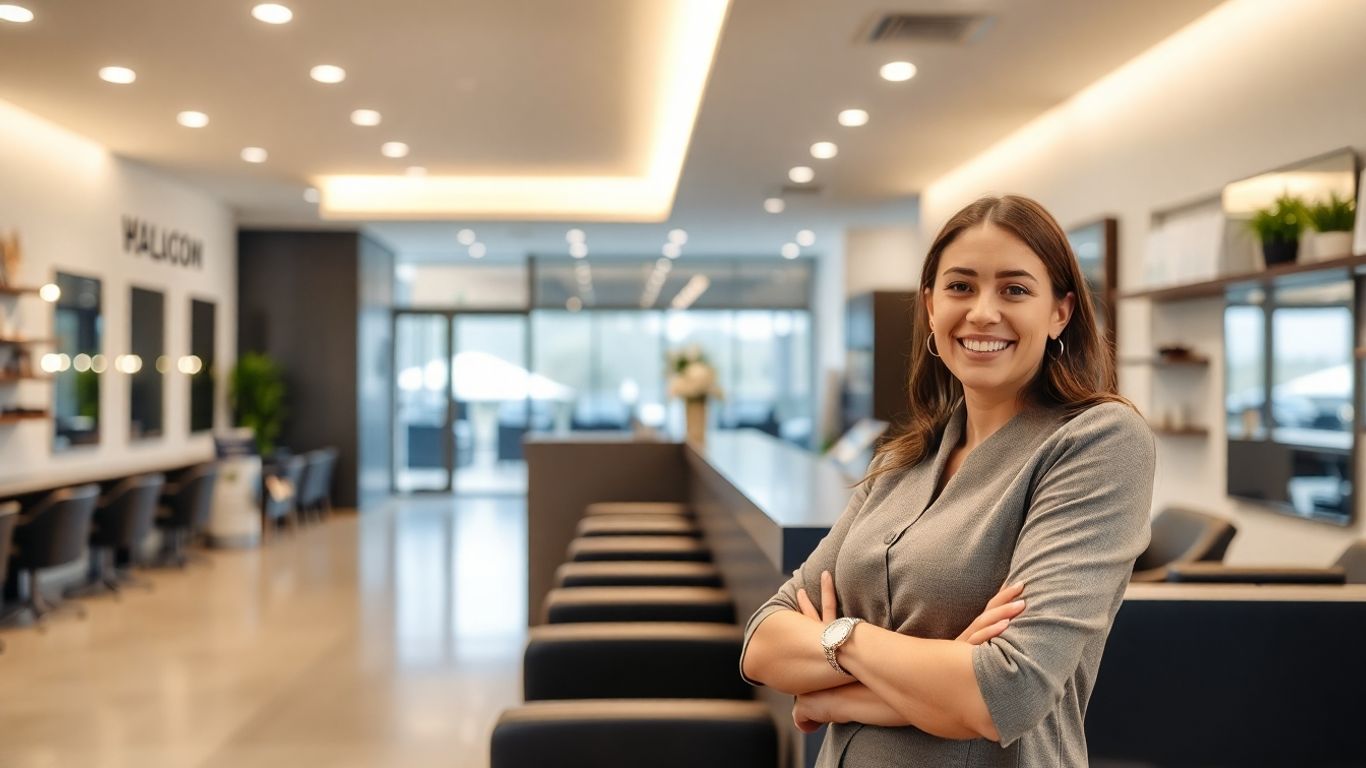 Salon receptionist assisting a client at the desk.