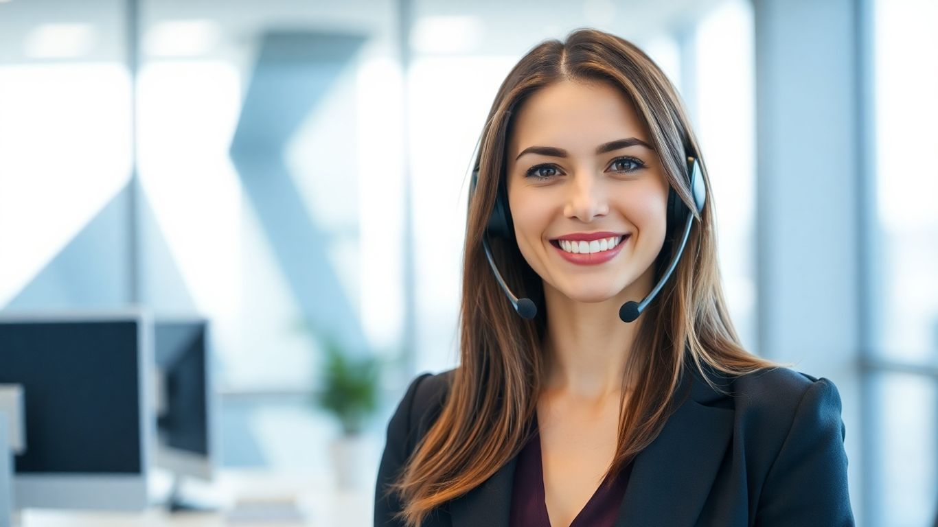 Professional woman using headset, abstract technology background.