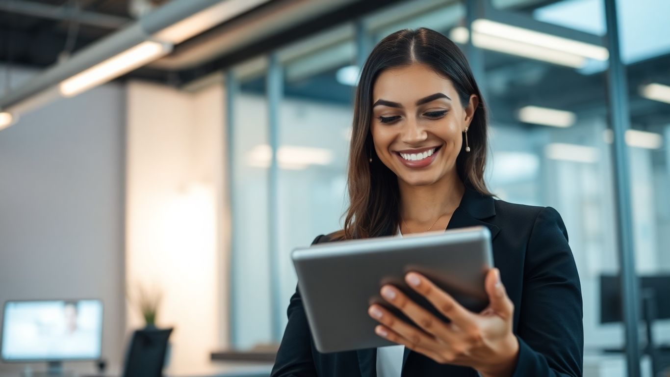 Person using advanced AI receptionist device in office