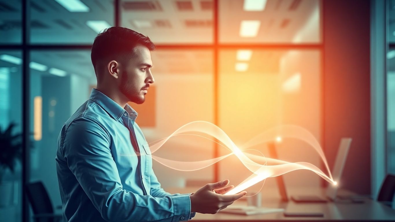 Accountant interacting with futuristic AI interface.