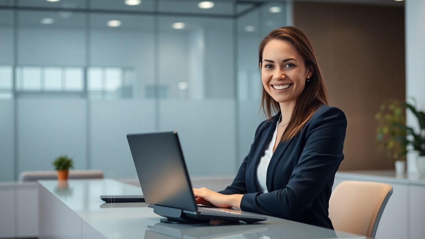 Professional receptionist assisting with calls using AI technology.