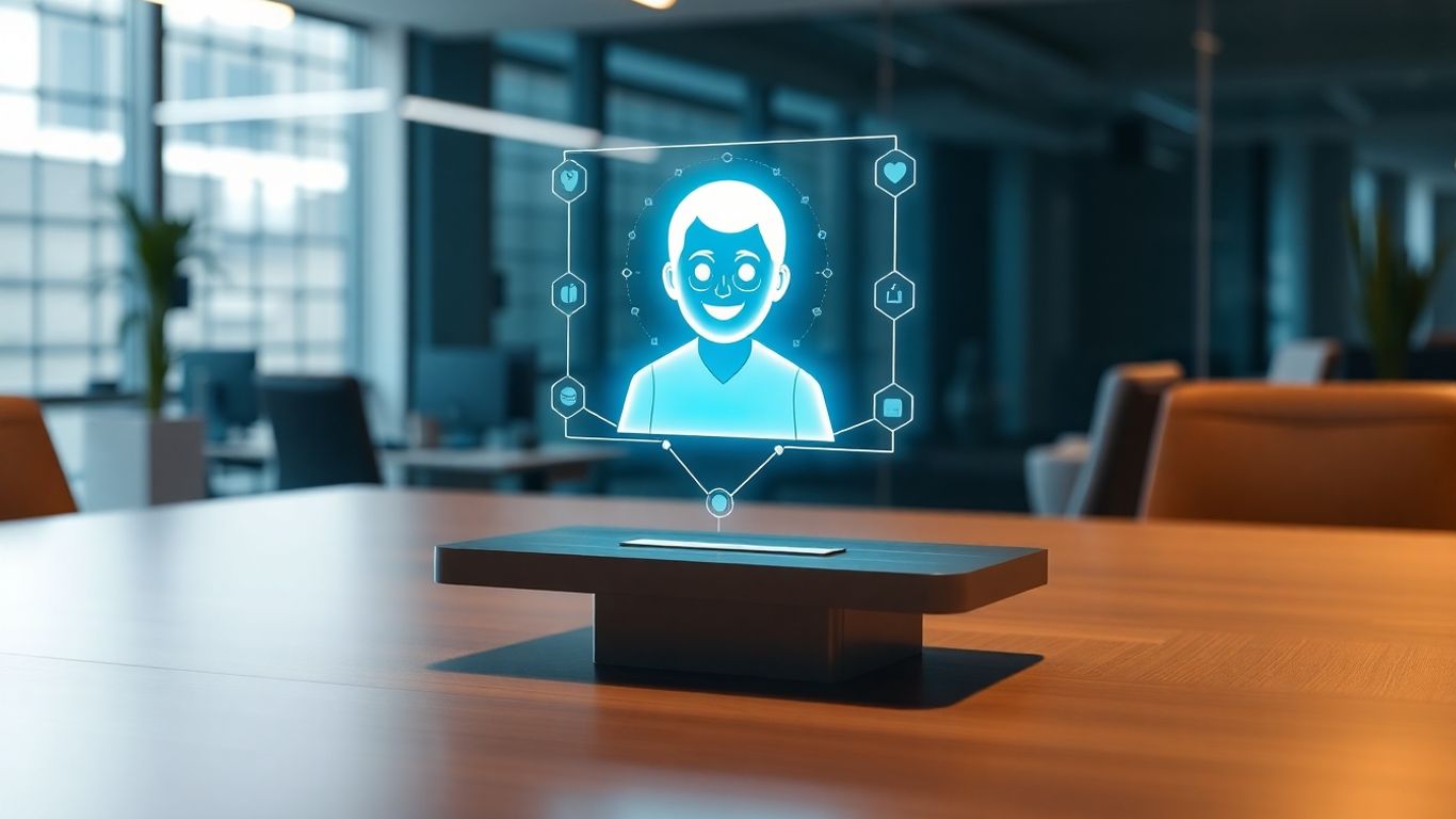 AI receptionist avatar at a modern desk.