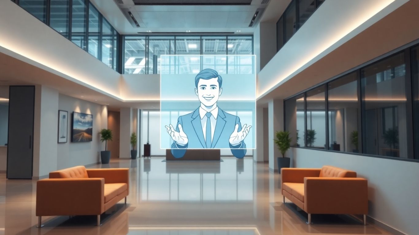 AI receptionist avatar in a modern office lobby.