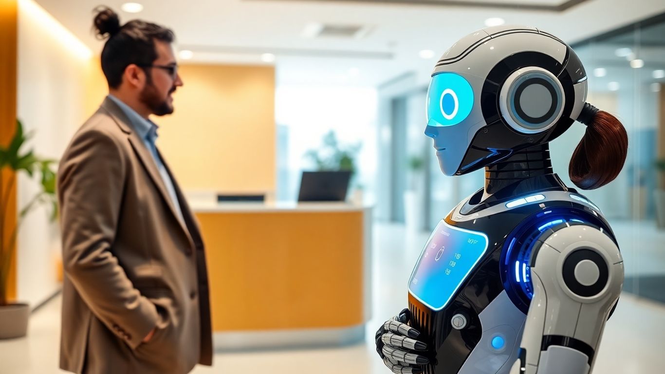 AI receptionist bot in a modern office.