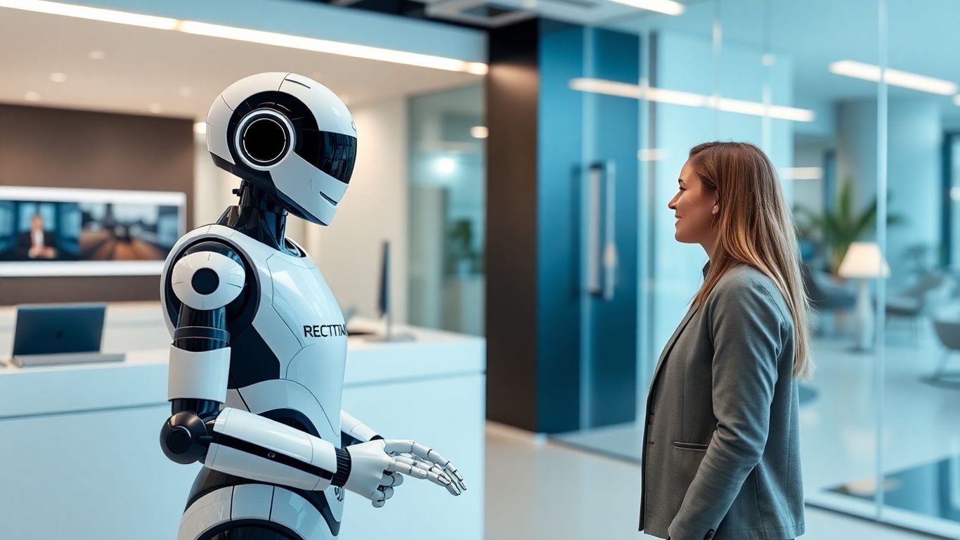 AI receptionist bot in a modern office greeting a visitor.