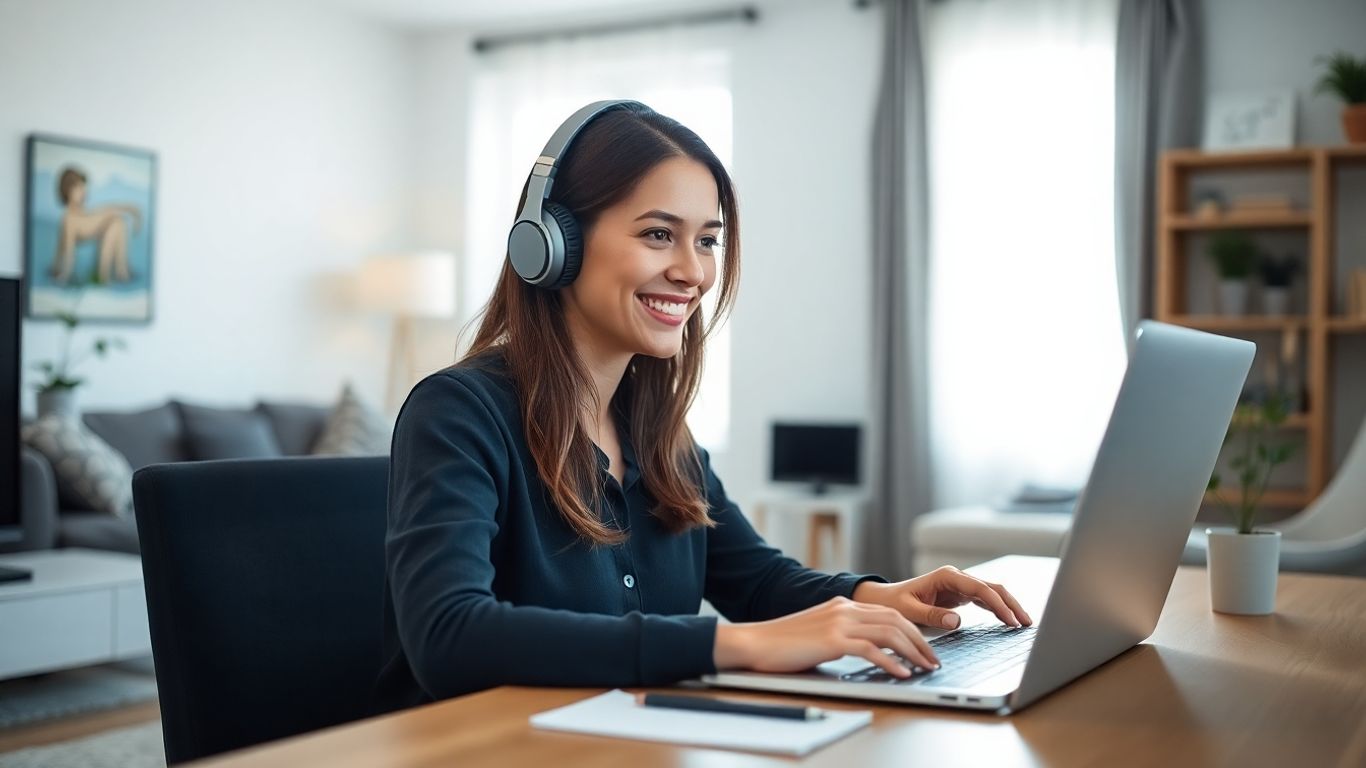 Woman working from home with headphones and laptop.